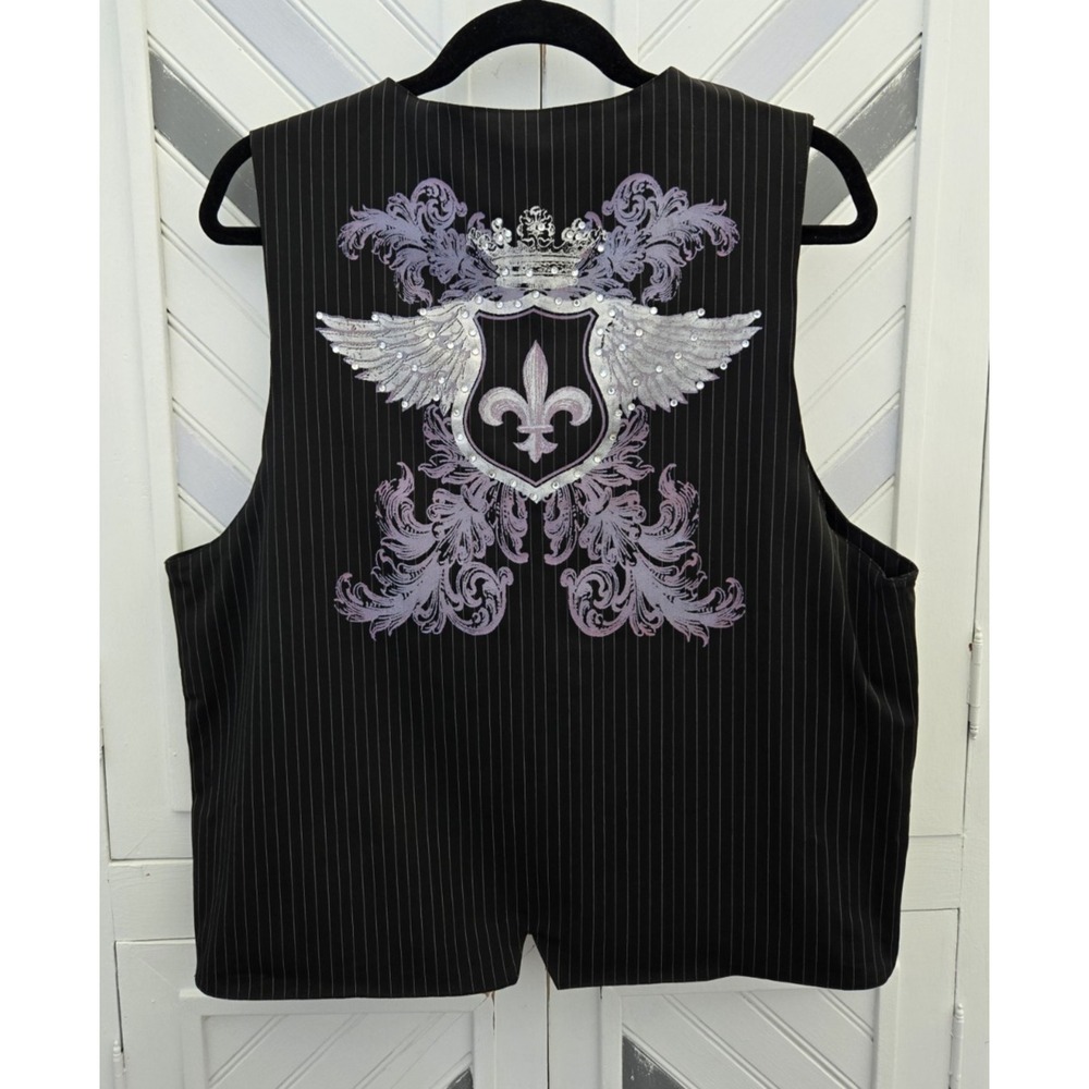 2 Jaguarrs Men's‎ Large Black Pinstripe Fleur De Lis Angel Wings 4 Button Vest